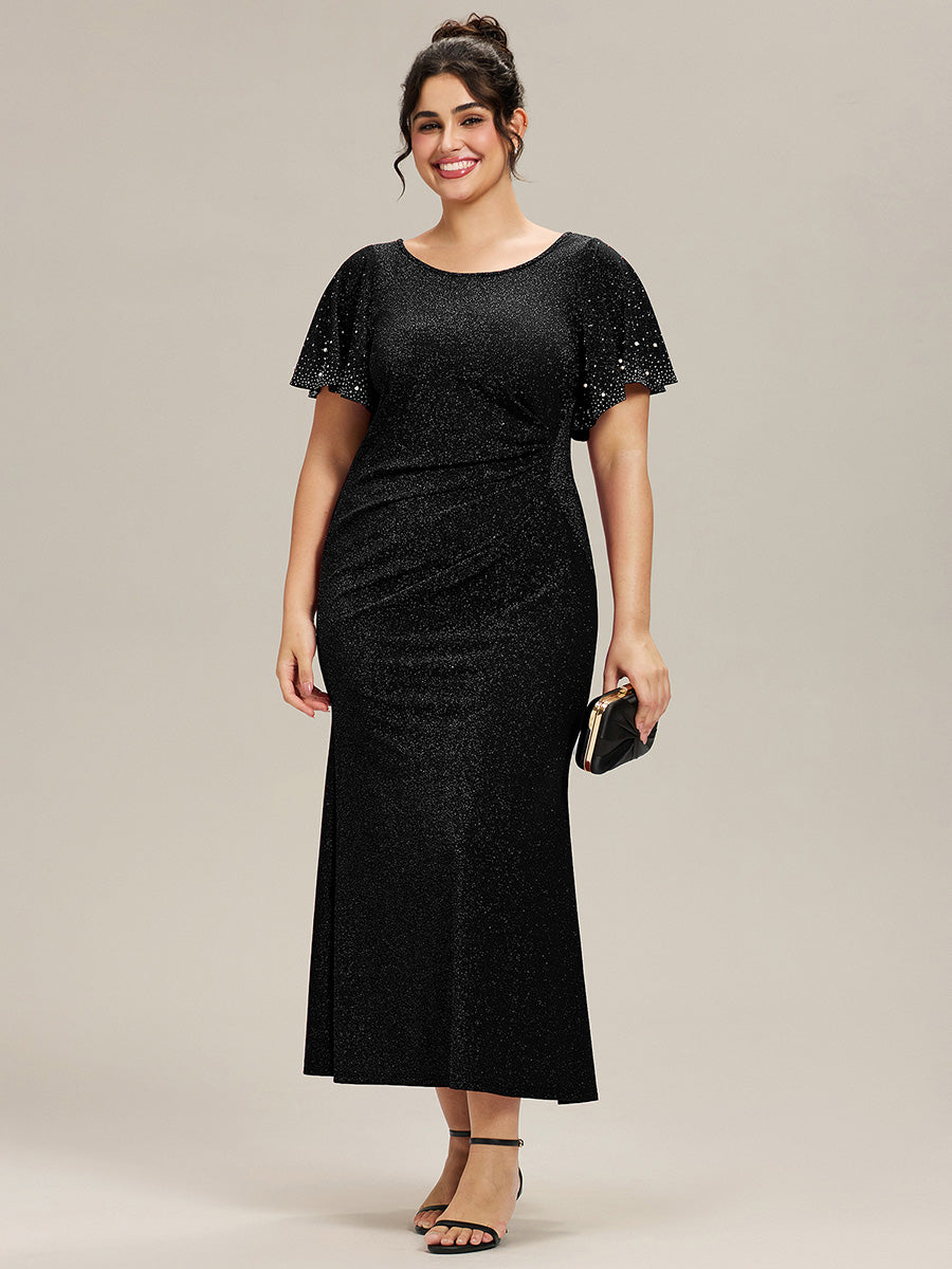 Color=Black | One Stop Shop Plus Size Short Sleeve Ruffle Beaded Fishtail Maxi Evening Dresses-Black 6