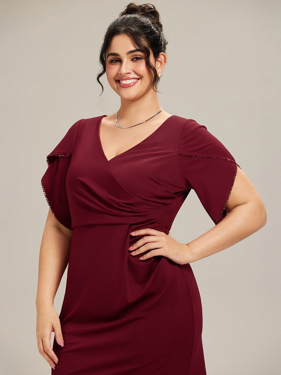 Color=Burgundy | Commercial Wholesale Short Sleeve Fishtail Deep V-Neck Thigh-High Slit Evening Dresses-Burgundy 8