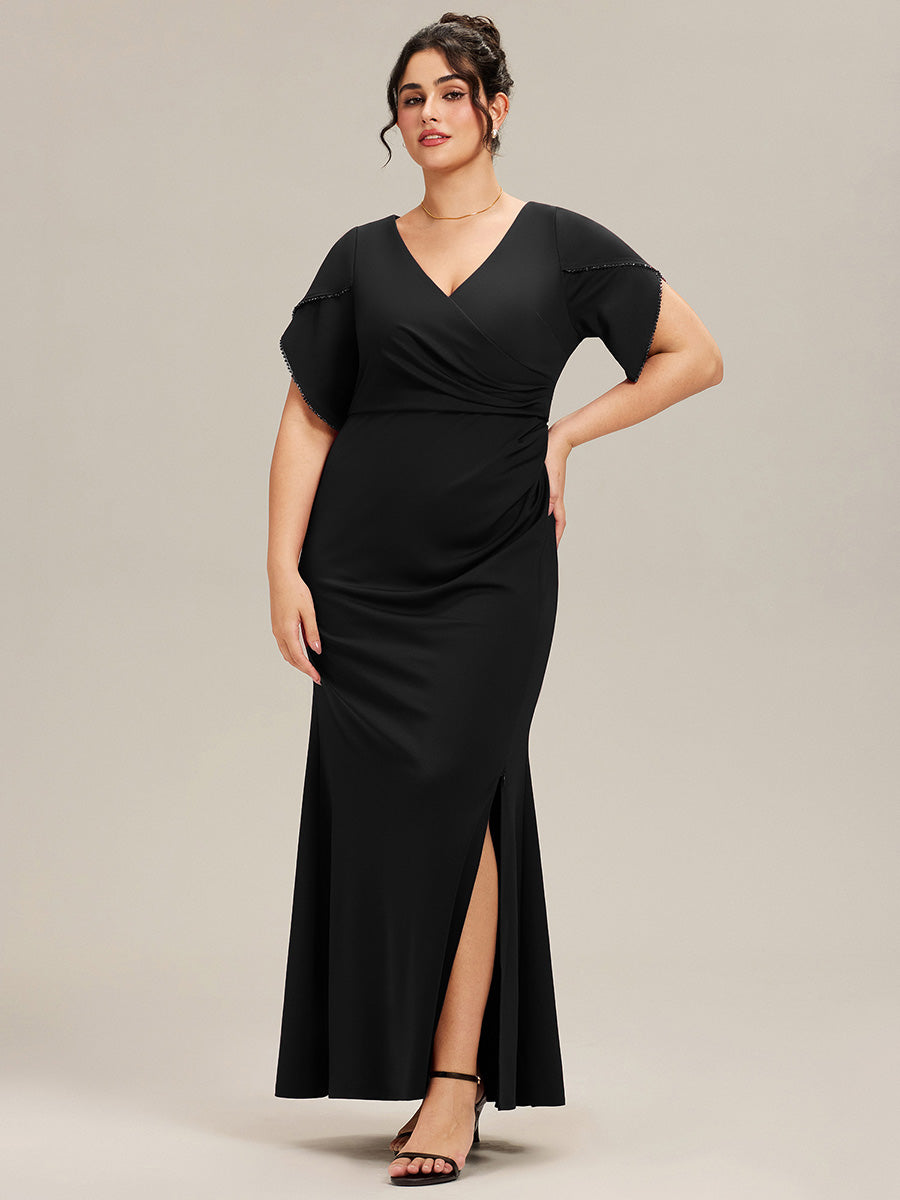 Color=Black | Commercial Wholesale Short Sleeve Fishtail Deep V-Neck Thigh-High Slit Evening Dresses-Black 16