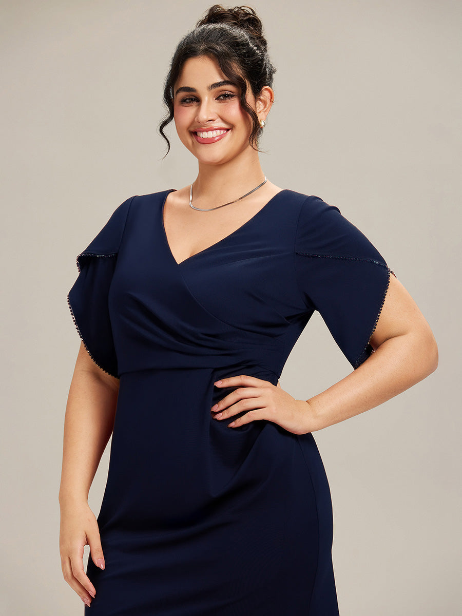 Color=Navy Blue | Commercial Wholesale Short Sleeve Fishtail Deep V-Neck Thigh-High Slit Evening Dresses-Navy Blue 28