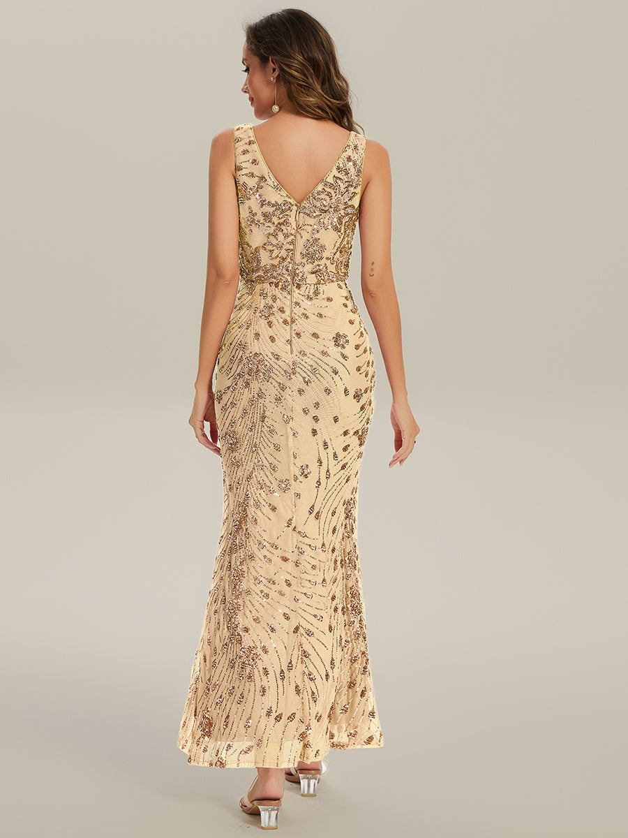 Color=Gold | Wholesale Strapless Deep V-Neck Fishtail Maxi Dress with High Stretch Evening Dresses-Gold 12