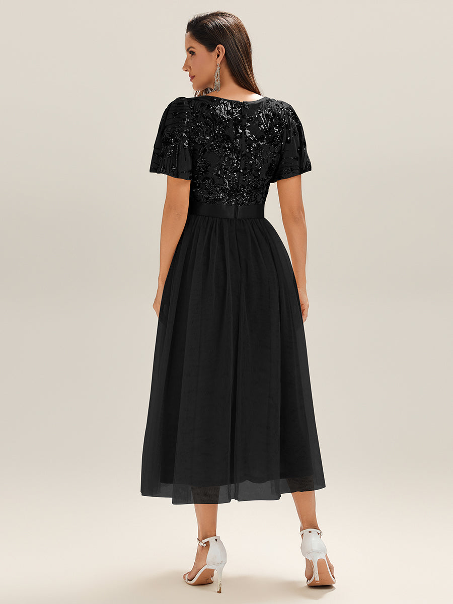 Color=Black | Wholesale Short Sleeve Ruffle Sequin Deep V-Neck Fishtail Midi Evening Dresses-Black 2