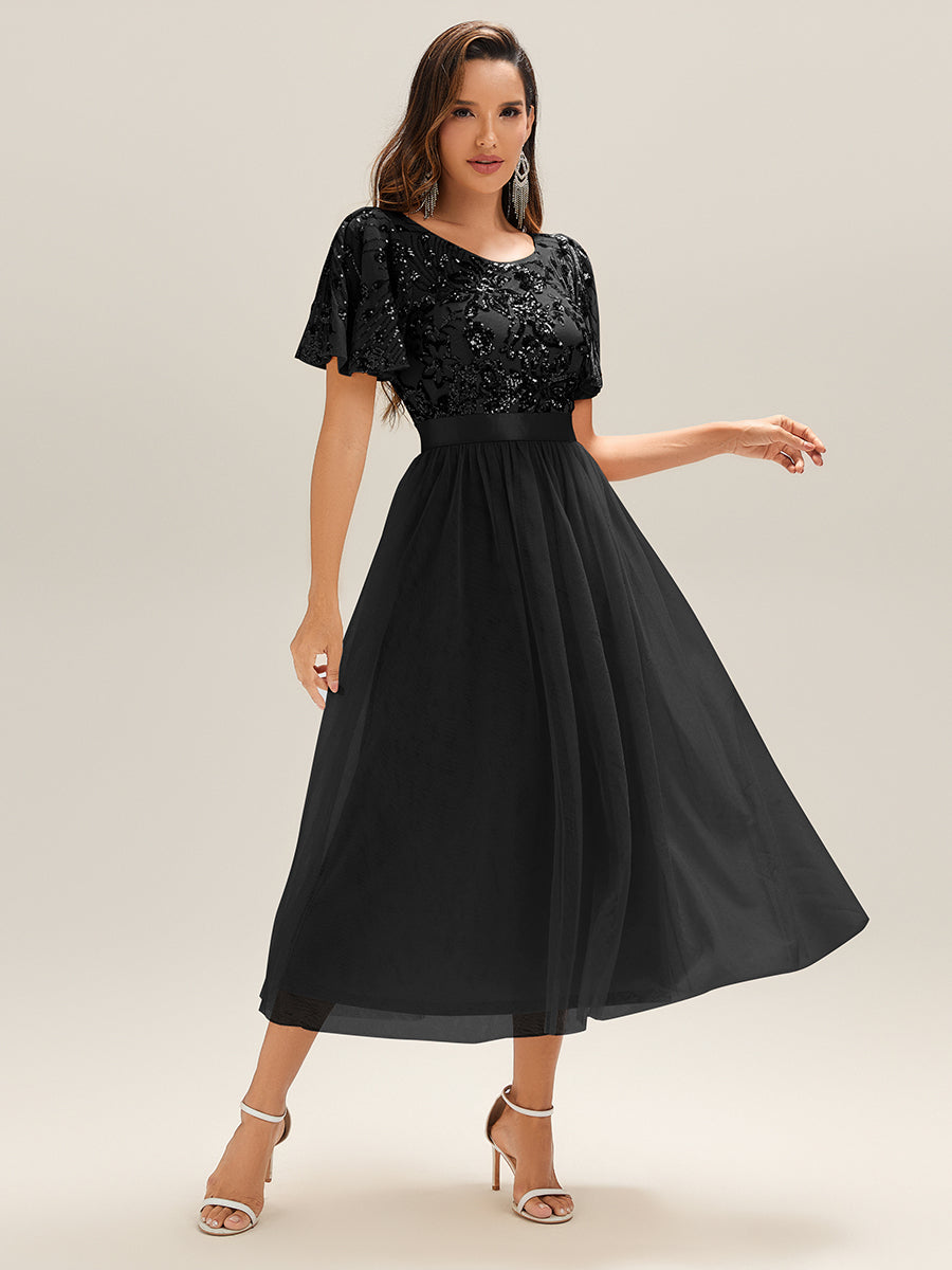 Color=Black | Wholesale Short Sleeve Ruffle Sequin Deep V-Neck Fishtail Midi Evening Dresses-Black 4
