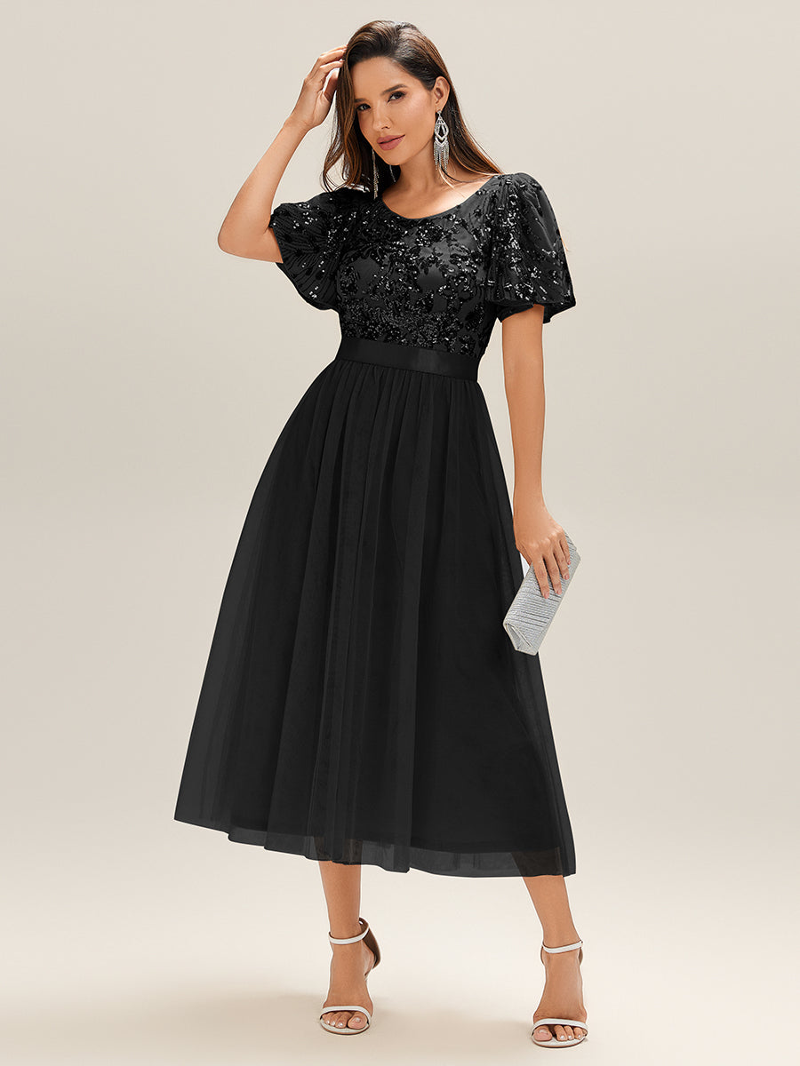 Color=Black | Wholesale Short Sleeve Ruffle Sequin Deep V-Neck Fishtail Midi Evening Dresses-Black 5