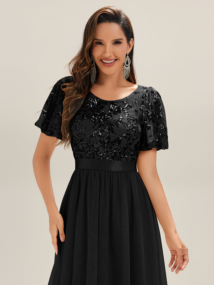 Color=Black | Wholesale Short Sleeve Ruffle Sequin Deep V-Neck Fishtail Midi Evening Dresses-Black 3