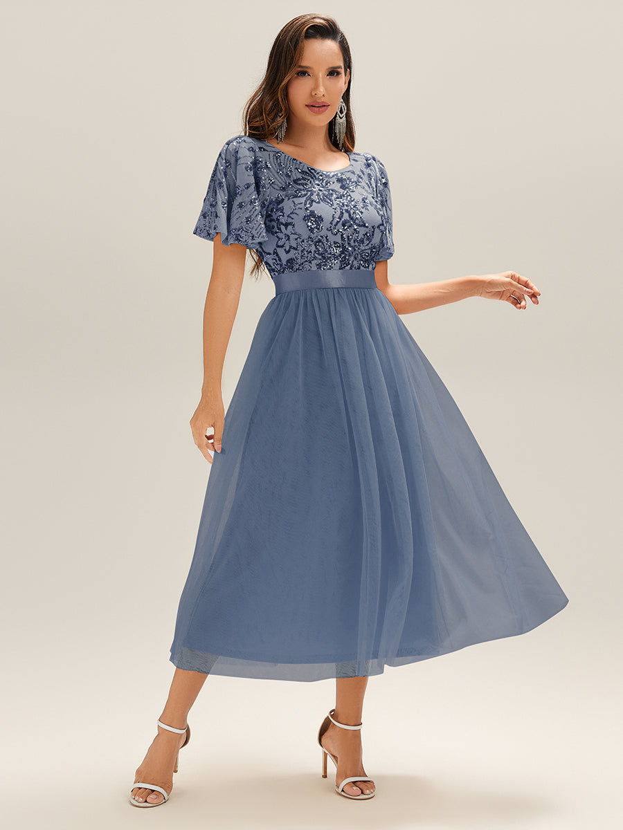 Color=Dusty Blue | Wholesale Short Sleeve Ruffle Sequin Deep V-Neck Fishtail Midi Evening Dresses-Dusty Blue 9