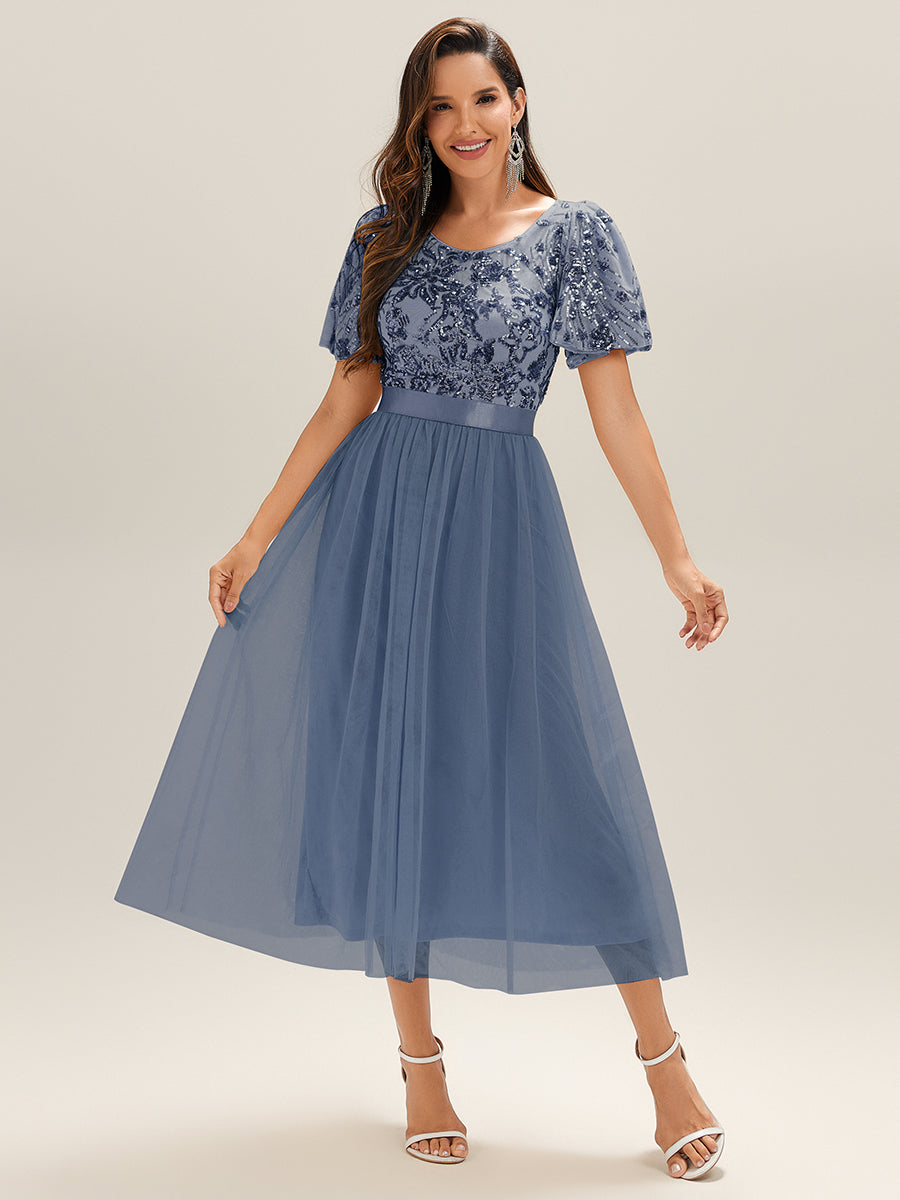 Color=Dusty Blue | Wholesale Short Sleeve Ruffle Sequin Deep V-Neck Fishtail Midi Evening Dresses-Dusty Blue 6