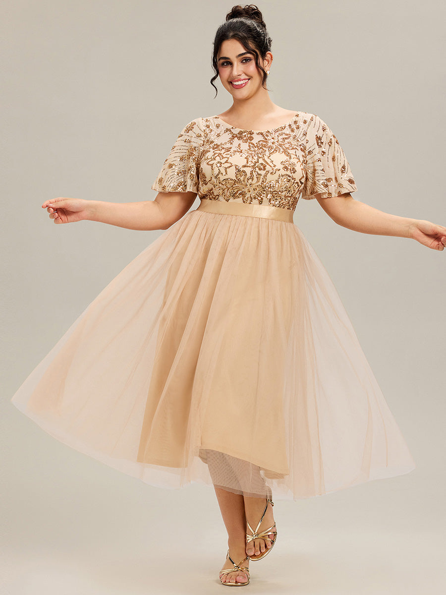 Color=Gold | Wholesale Short Sleeve Ruffle Sequin Deep V-Neck Fishtail Midi Evening Dresses-Gold 19