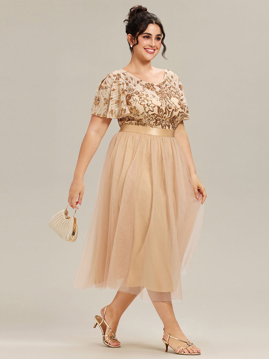 Color=Gold | Wholesale Short Sleeve Ruffle Sequin Deep V-Neck Fishtail Midi Evening Dresses-Gold 20