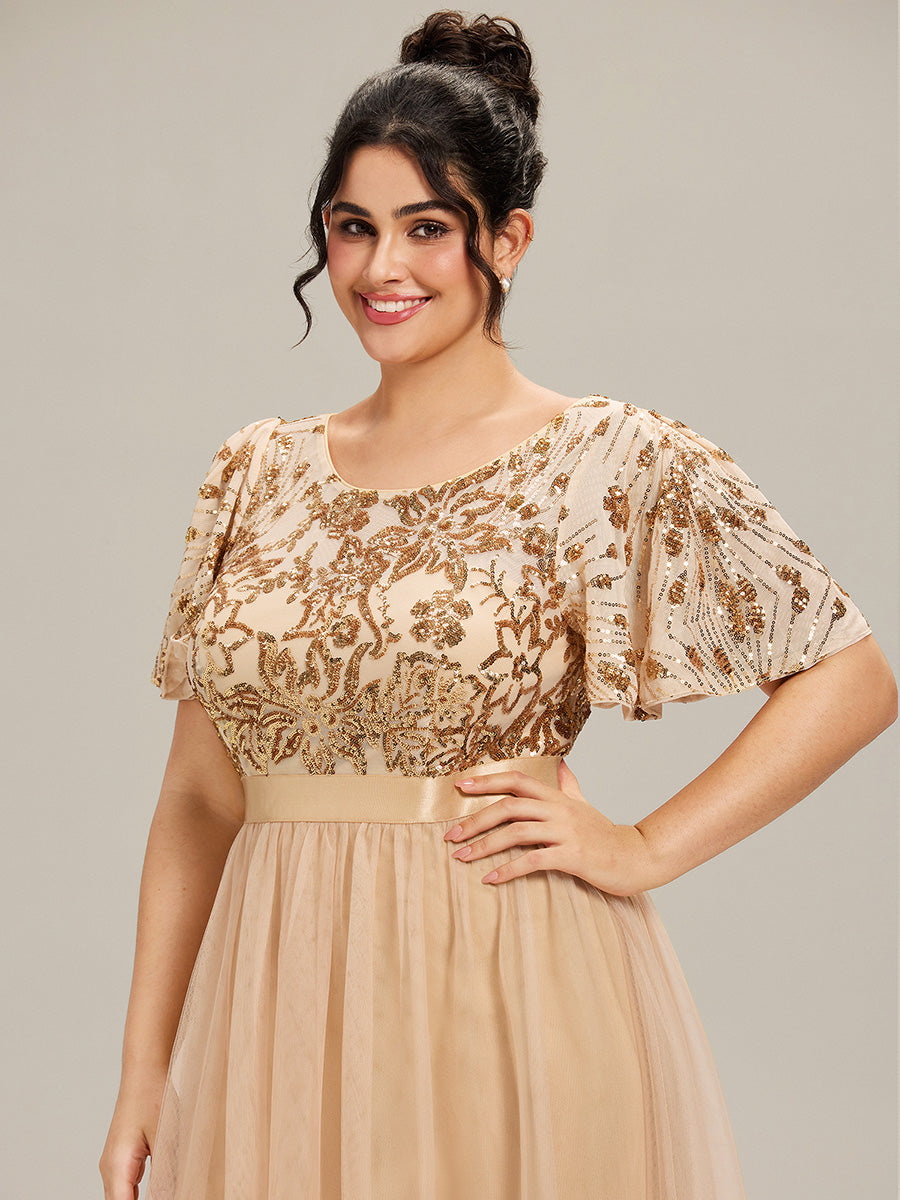 Color=Gold | Wholesale Short Sleeve Ruffle Sequin Deep V-Neck Fishtail Midi Evening Dresses-Gold 18