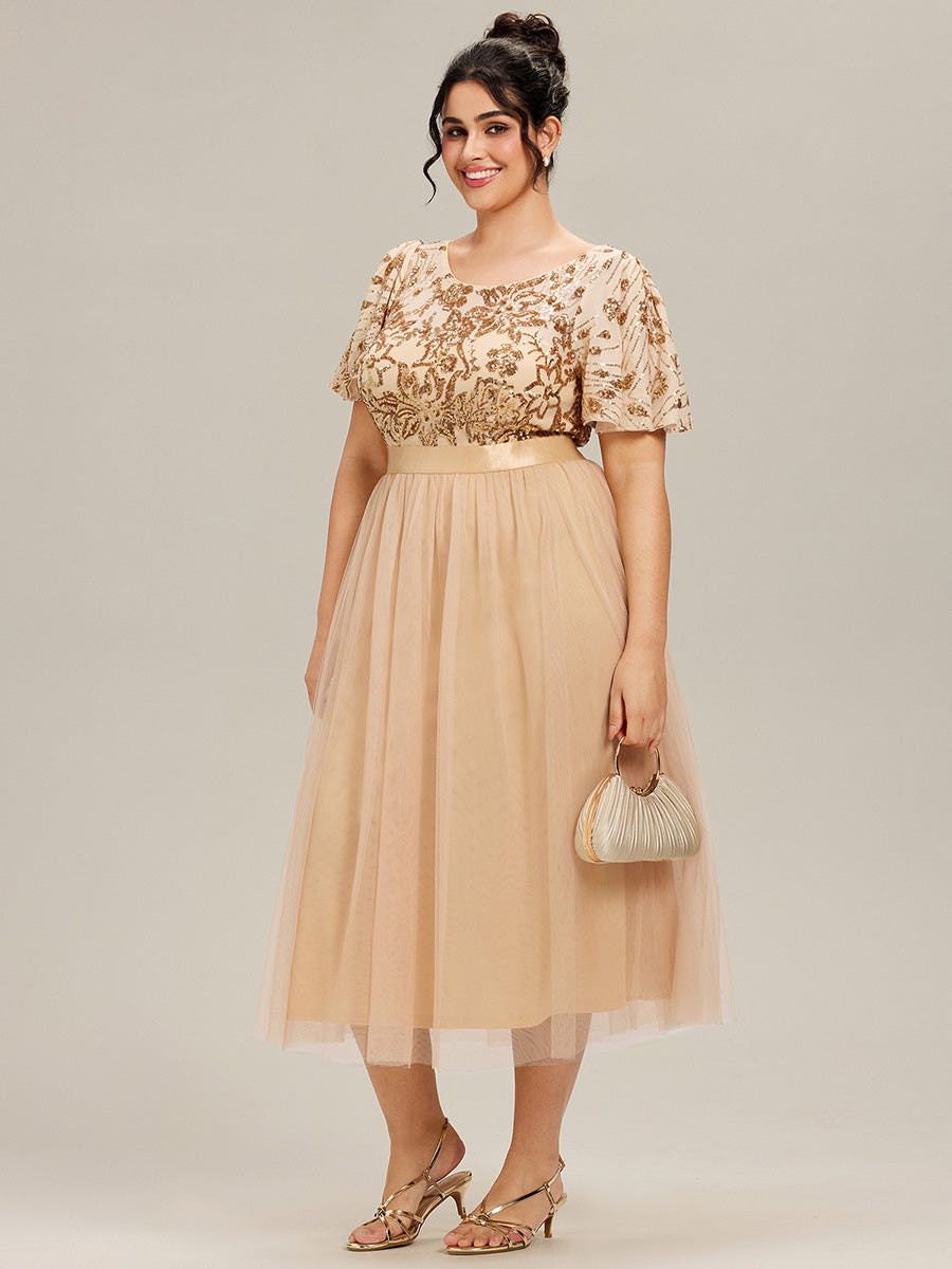 Color=Gold | Wholesale Short Sleeve Ruffle Sequin Deep V-Neck Fishtail Midi Evening Dresses-Gold 16