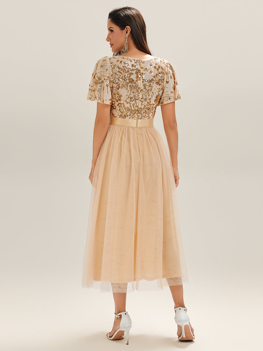 Color=Gold | Wholesale Short Sleeve Ruffle Sequin Deep V-Neck Fishtail Midi Evening Dresses-Gold 12