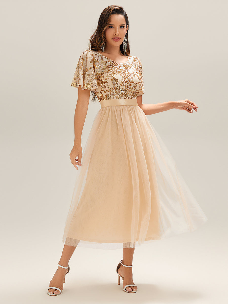 Color=Gold | Wholesale Short Sleeve Ruffle Sequin Deep V-Neck Fishtail Midi Evening Dresses-Gold 14