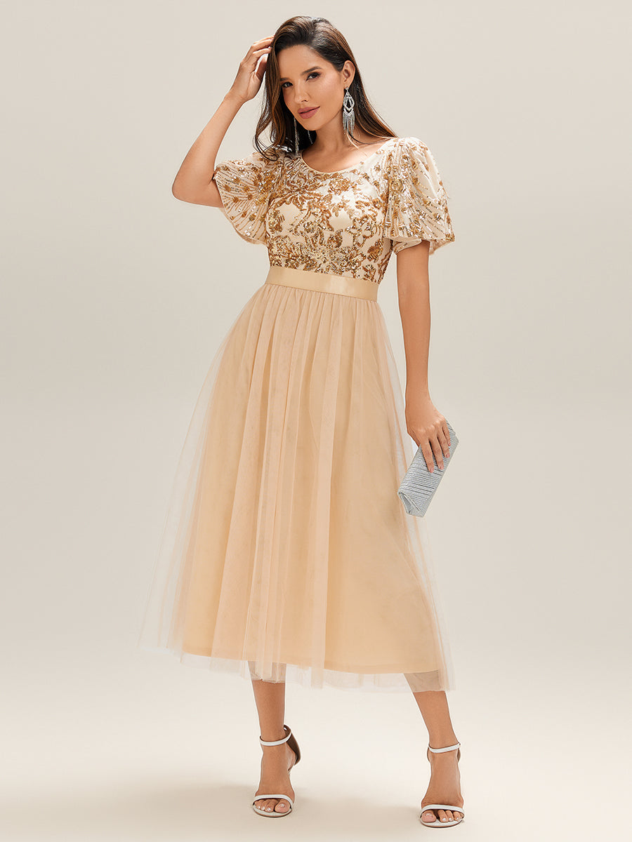 Color=Gold | Wholesale Short Sleeve Ruffle Sequin Deep V-Neck Fishtail Midi Evening Dresses-Gold 15