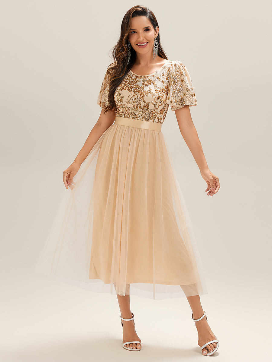 Color=Gold | Wholesale Short Sleeve Ruffle Sequin Deep V-Neck Fishtail Midi Evening Dresses-Gold 11