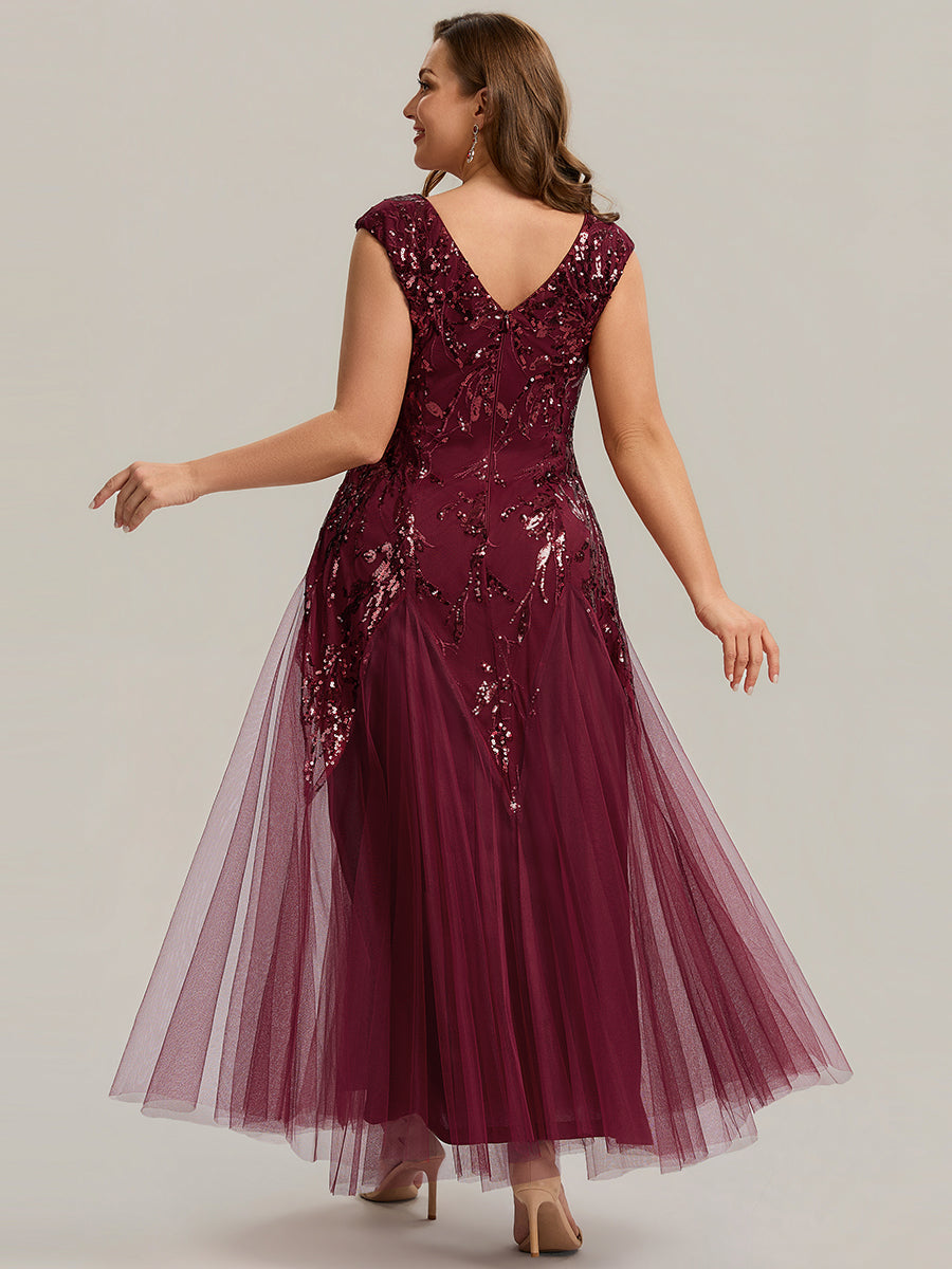 Color=Burgundy | Commercial Wholesale Short Sleeve V-Neck A-Line Maxi Dress with Embroidery & Sequins Evening Dresses-Burgundy 7