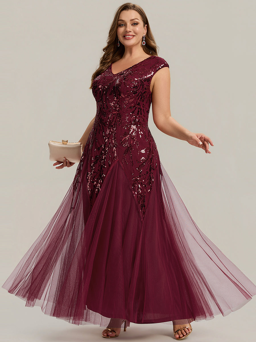 Color=Burgundy | Commercial Wholesale Short Sleeve V-Neck A-Line Maxi Dress with Embroidery & Sequins Evening Dresses-Burgundy 9
