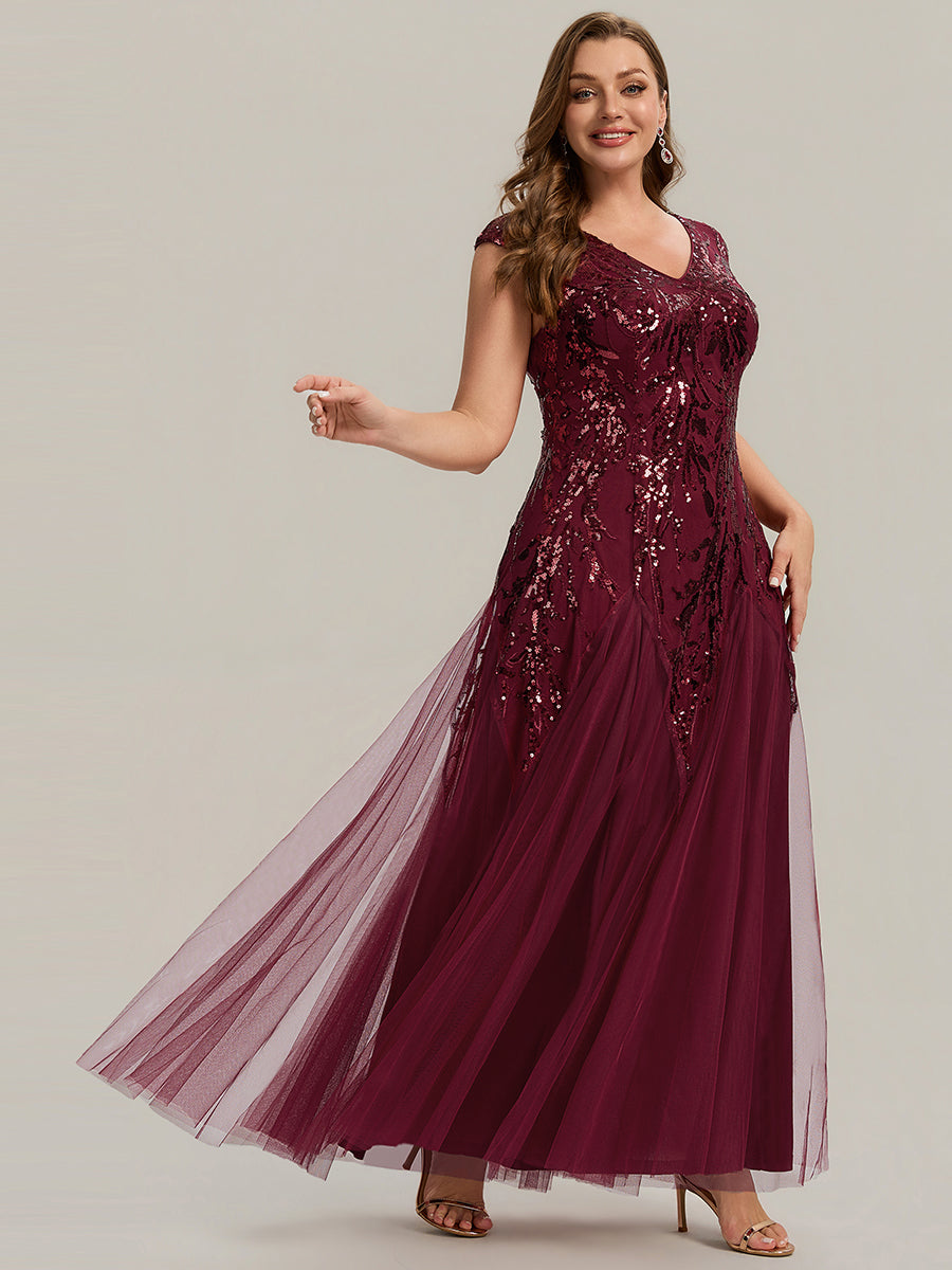 Color=Burgundy | Commercial Wholesale Short Sleeve V-Neck A-Line Maxi Dress with Embroidery & Sequins Evening Dresses-Burgundy 10