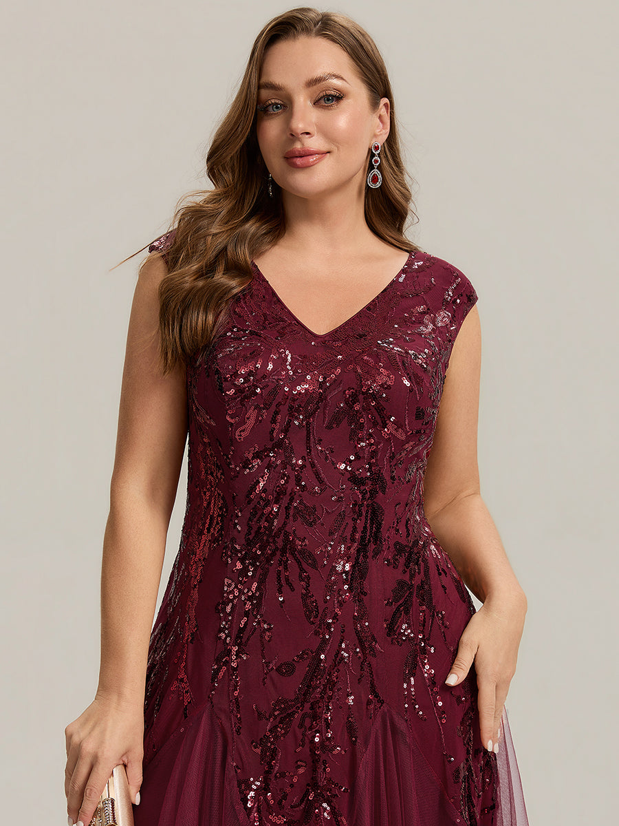 Color=Burgundy | Commercial Wholesale Short Sleeve V-Neck A-Line Maxi Dress with Embroidery & Sequins Evening Dresses-Burgundy 8