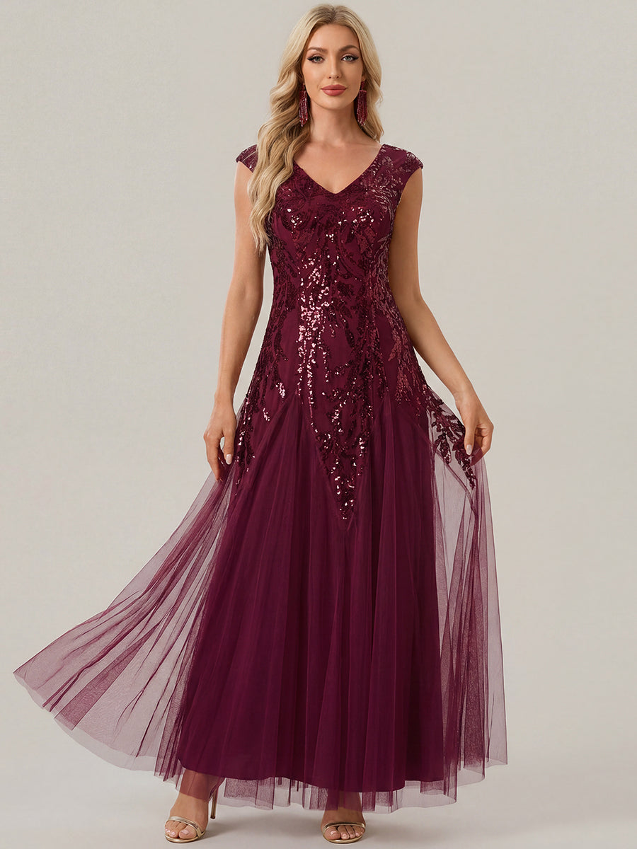 Color=Burgundy | Commercial Wholesale Short Sleeve V-Neck A-Line Maxi Dress with Embroidery & Sequins Evening Dresses-Burgundy 5