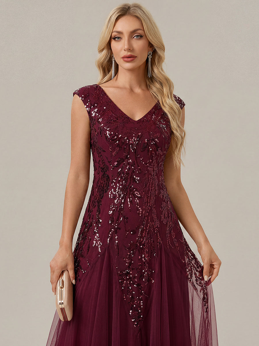 Color=Burgundy | Commercial Wholesale Short Sleeve V-Neck A-Line Maxi Dress with Embroidery & Sequins Evening Dresses-Burgundy 3