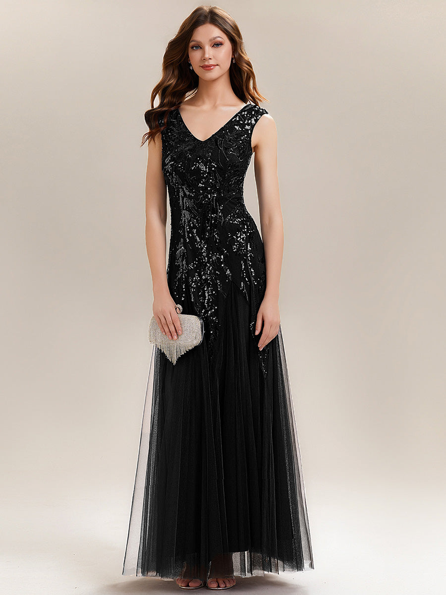 Color=Black | Wholesale Pricing Strapless V-Neck A-Line Floor Length Embroidered Evening Dresses-Black 1
