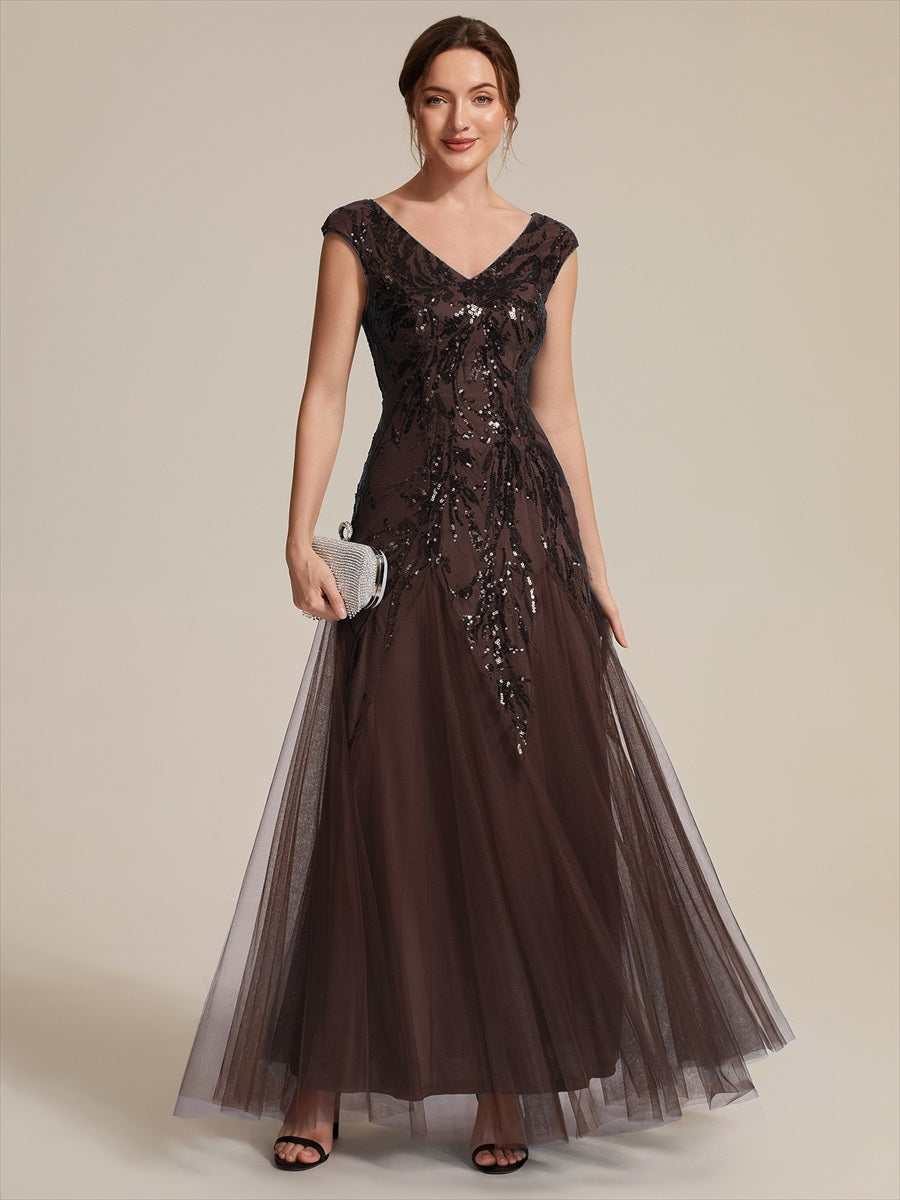 Color=Chocolate brown|Wholesale Pricing Strapless V-Neck A-Line Floor Length Embroidered Evening Dresses-Chocolate brown