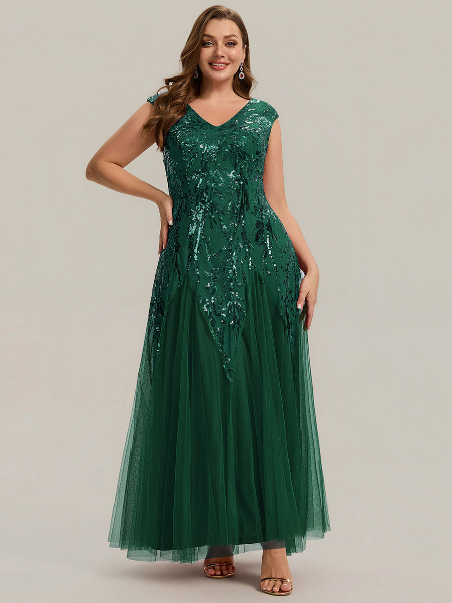 Color=Dark Green | Commercial Wholesale Short Sleeve V-Neck A-Line Maxi Dress with Embroidery & Sequins Evening Dresses-Dark Green 16