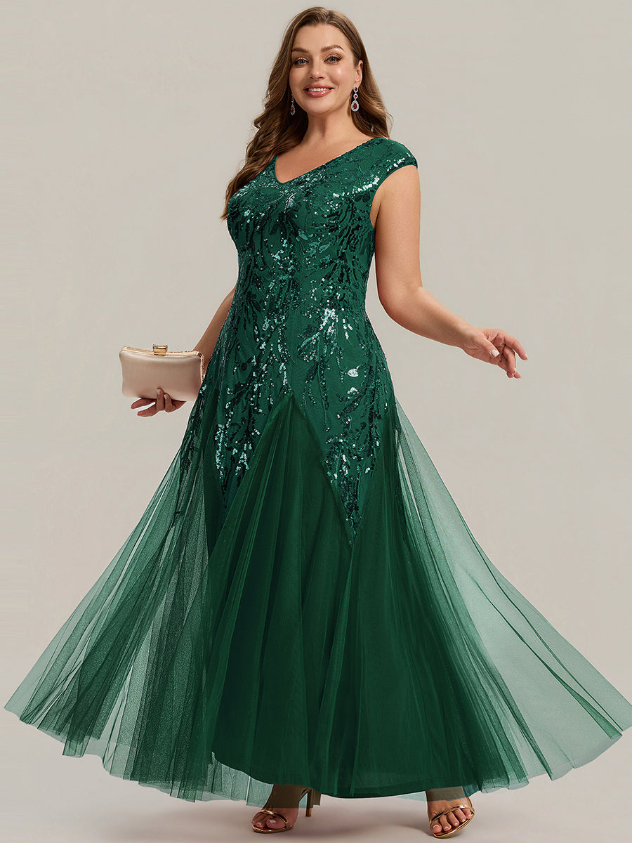 Color=Dark Green | Commercial Wholesale Short Sleeve V-Neck A-Line Maxi Dress with Embroidery & Sequins Evening Dresses-Dark Green 19