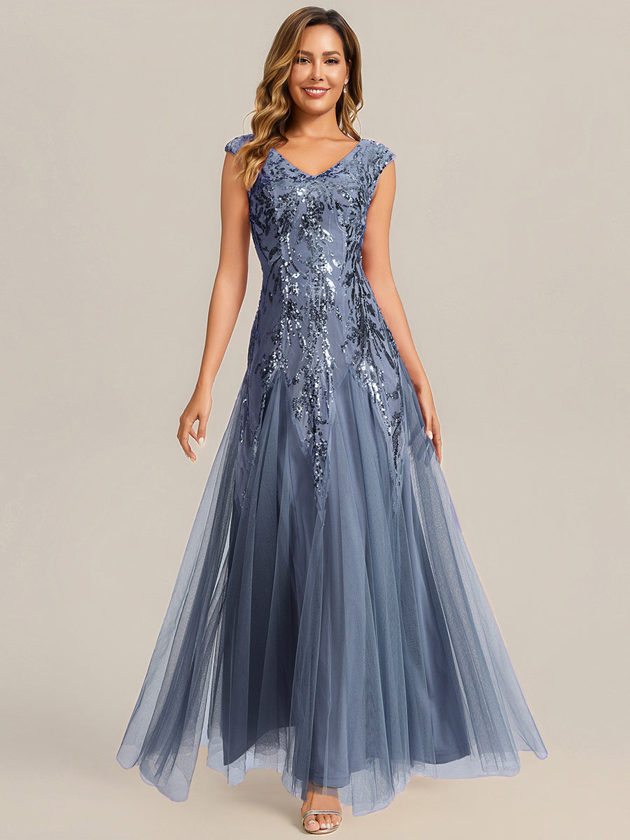 Color=Dusty Blue | One Stop Shop Sleeveless V-Neck Embroidered A-Line Floor Length Evening Dresses-Dusty Blue 1