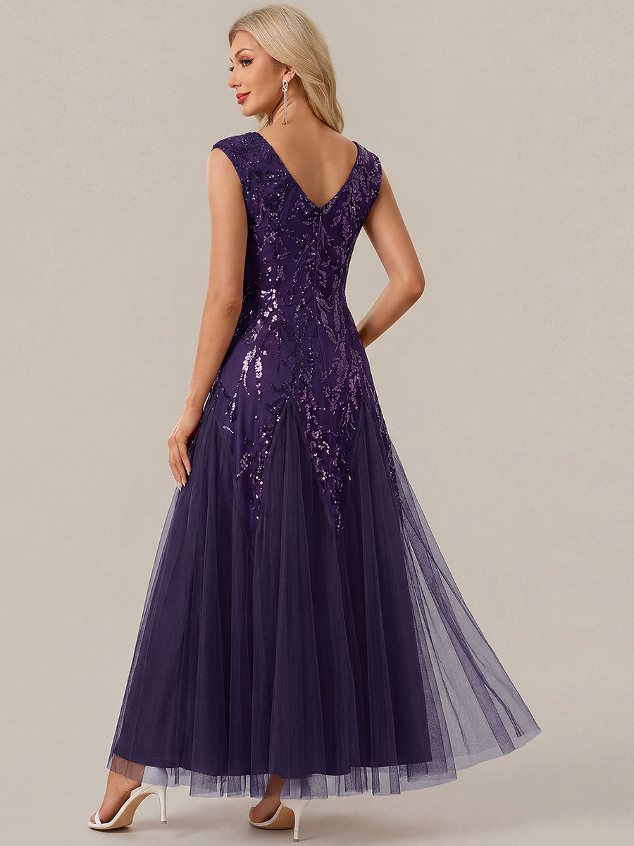 Color=Dark Purple | Commercial Wholesale Short Sleeve V-Neck A-Line Maxi Dress with Embroidery & Sequins Evening Dresses-Dark Purple 22