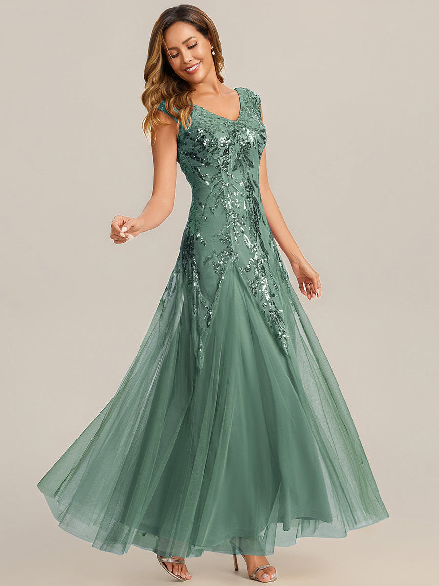 Color=Eucalyptus | EE02559EU | Wholesale Pricing Strapless V-Neck A-Line Floor Length Embroidered Evening Dresses