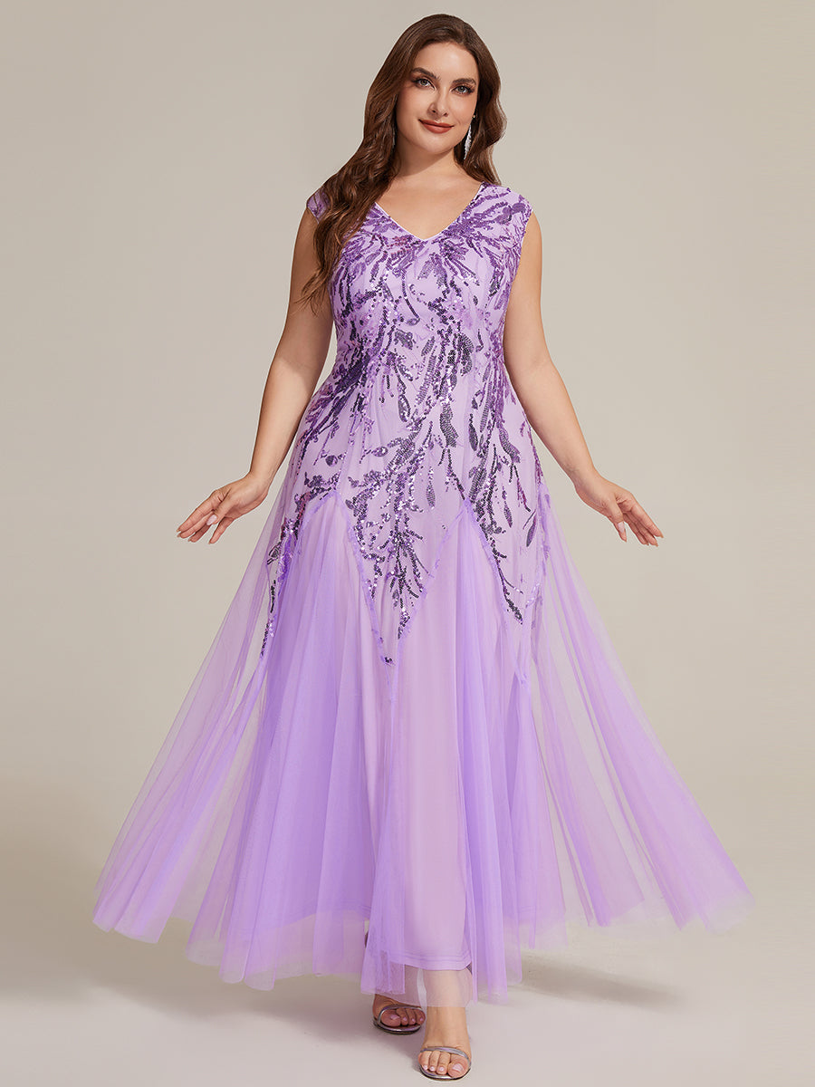 Color=Frosted Lilac | Commercial Wholesale Short Sleeve V-Neck A-Line Maxi Dress with Embroidery & Sequins Evening Dresses-Frosted Lilac 36