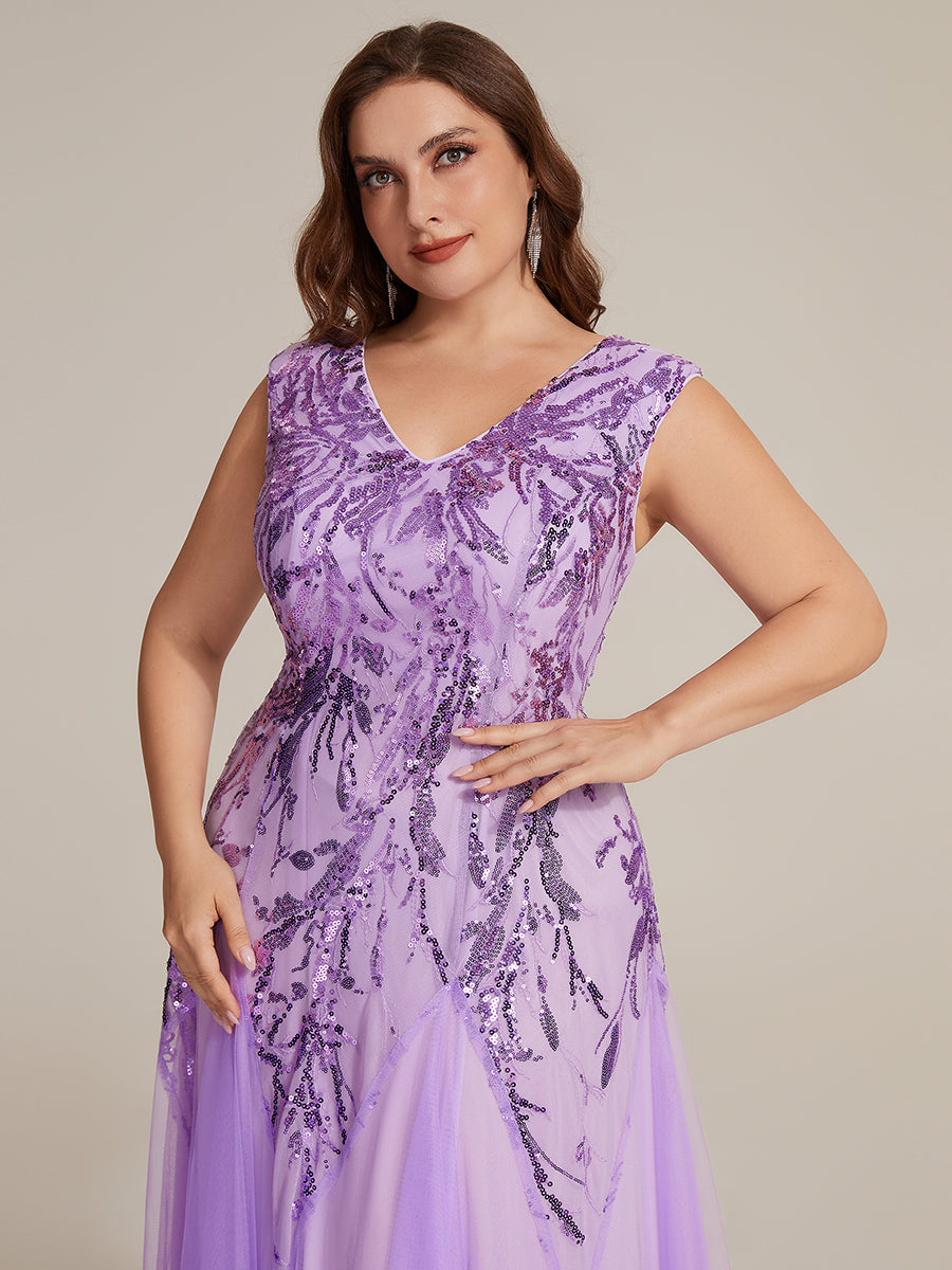 Color=Frosted Lilac | Commercial Wholesale Short Sleeve V-Neck A-Line Maxi Dress with Embroidery & Sequins Evening Dresses-Frosted Lilac 38