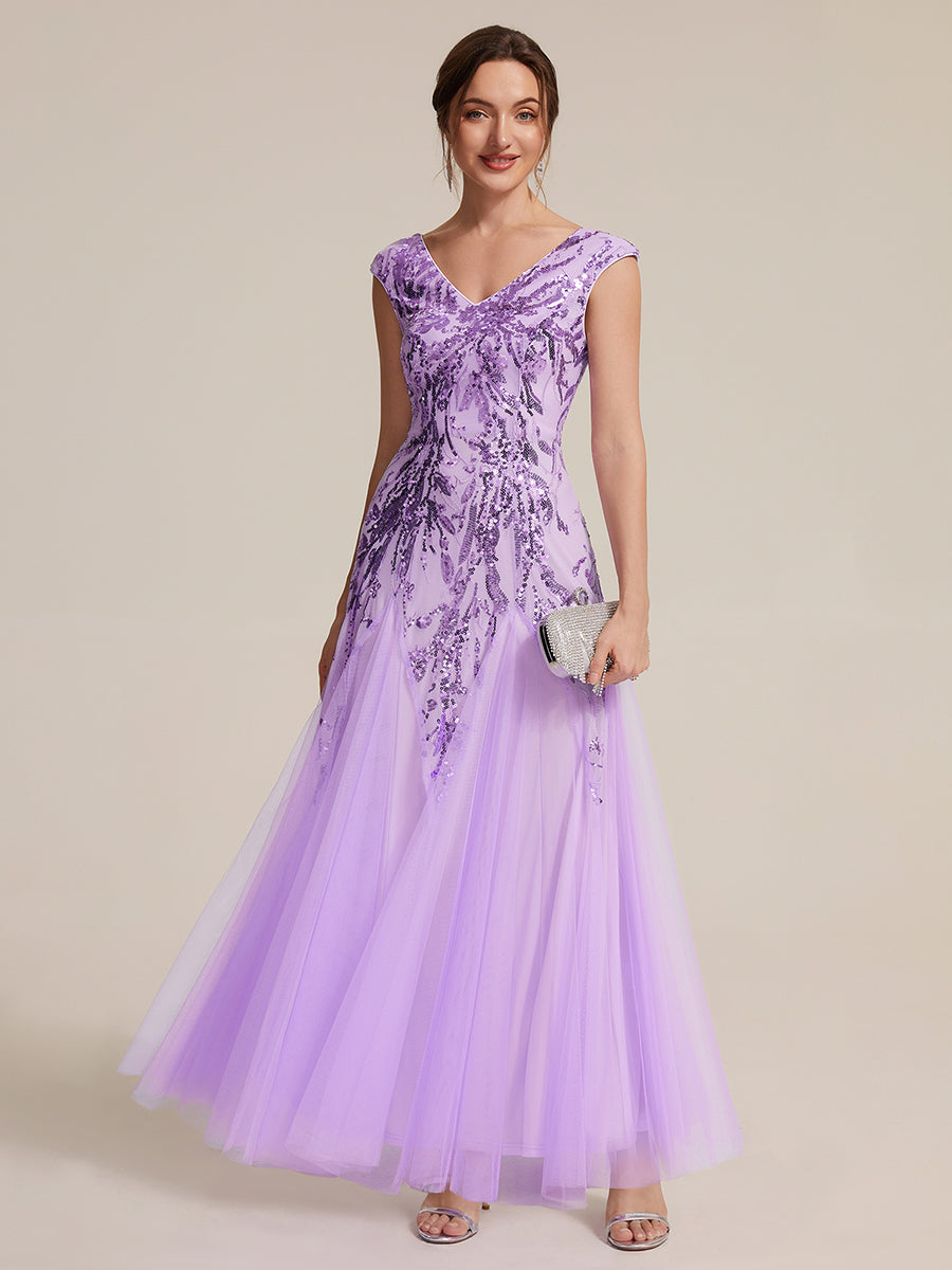 Color=Frosted Lilac | Commercial Wholesale Short Sleeve V-Neck A-Line Maxi Dress with Embroidery & Sequins Evening Dresses-Frosted Lilac 31