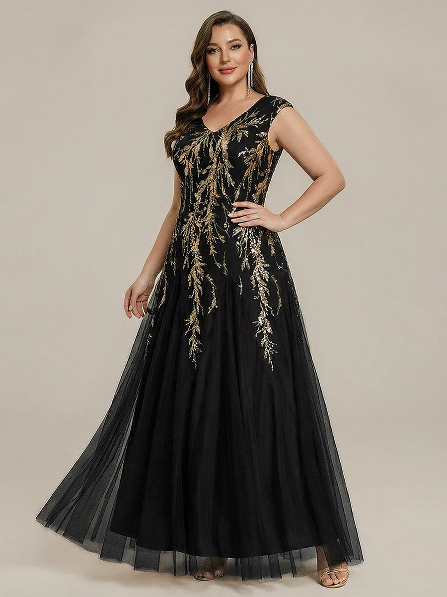 Color=Black Gold | B2B-Exclusive Short Sleeve Embroidered Sequin V-Neck A-Line Floor Length Evening Dresses-Black Gold 6