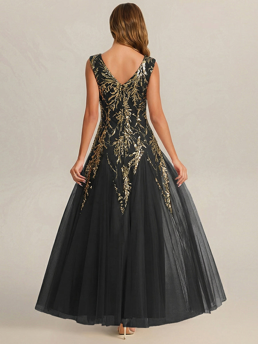 Color=Black Gold | B2B-Exclusive Short Sleeve Embroidered Sequin V-Neck A-Line Floor Length Evening Dresses-Black Gold 2
