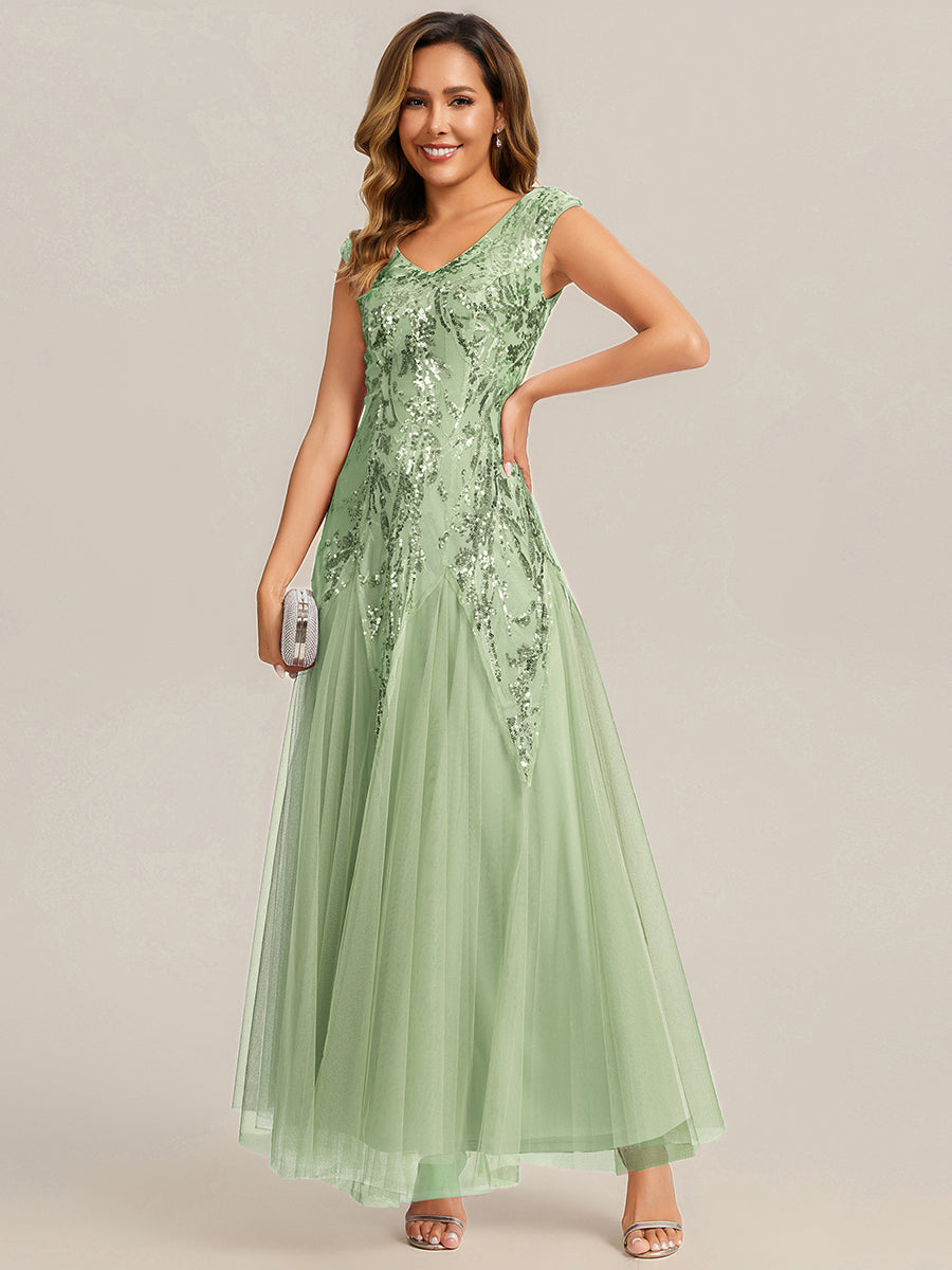 Color=Mint Green | Volume Discounts Short Sleeve V-Neck Embroidered A-Line Floor Length Evening Dresses-Mint Green 5