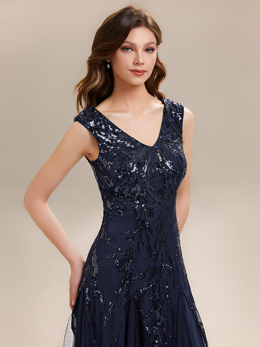 Color=Navy Blue | One Stop Shop Sleeveless V-Neck Embroidered A-Line Floor Length Evening Dresses-Navy Blue 13