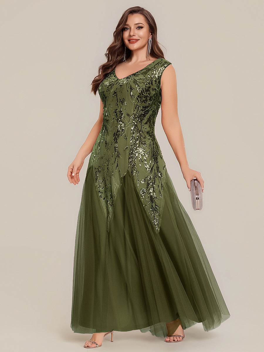 Color=Olive Green | Volume Discounts Short Sleeve V-Neck Embroidered A-Line Floor Length Evening Dresses-Olive Green 19
