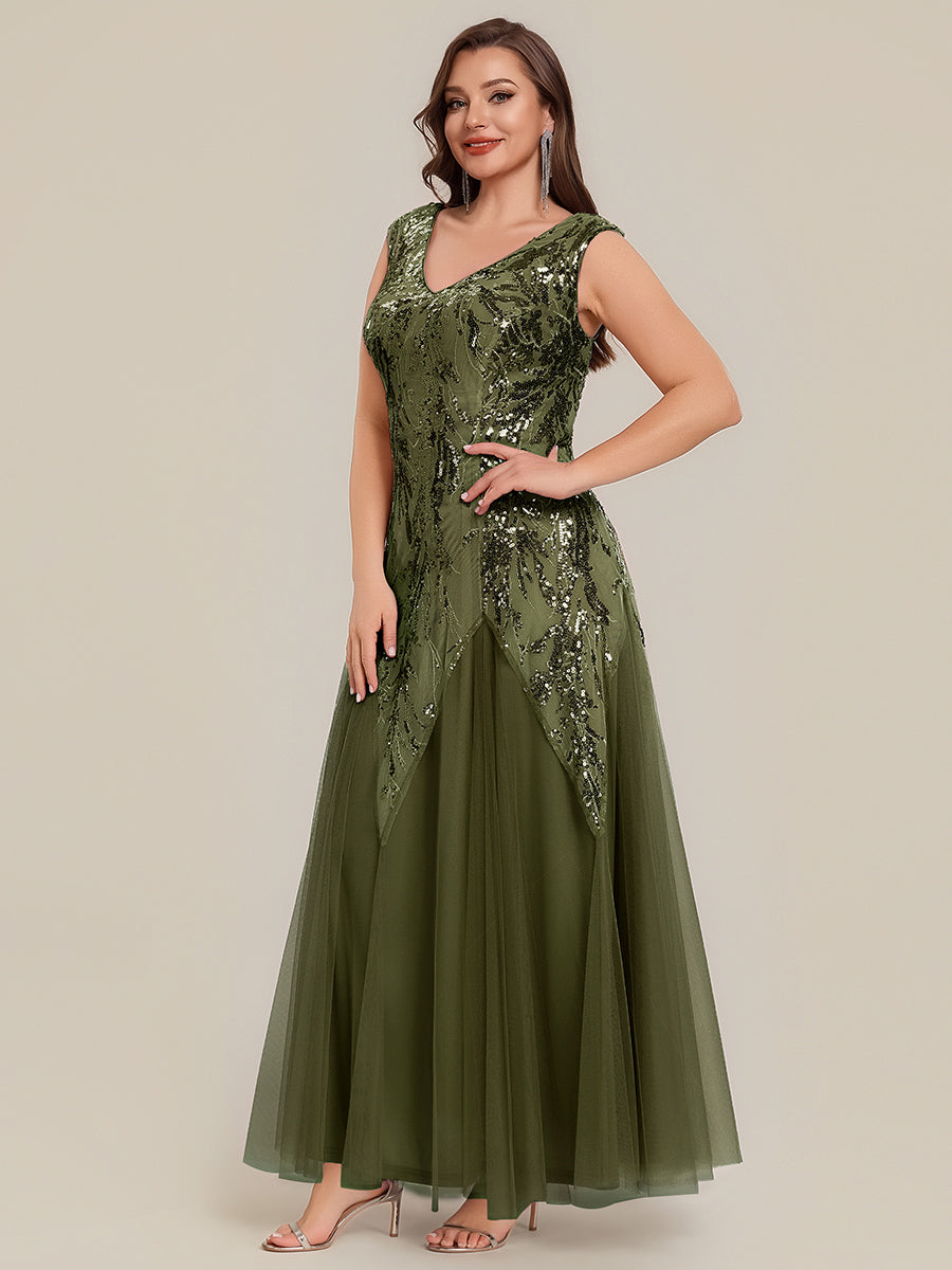 Color=Olive Green | Volume Discounts Short Sleeve V-Neck Embroidered A-Line Floor Length Evening Dresses-Olive Green 20