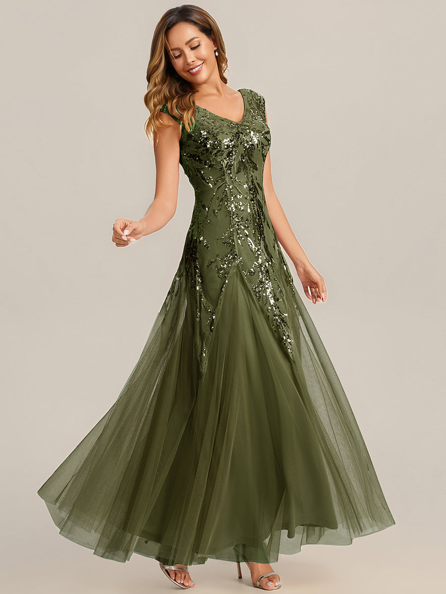 Color=Olive Green | Volume Discounts Short Sleeve V-Neck Embroidered A-Line Floor Length Evening Dresses-Olive Green 14
