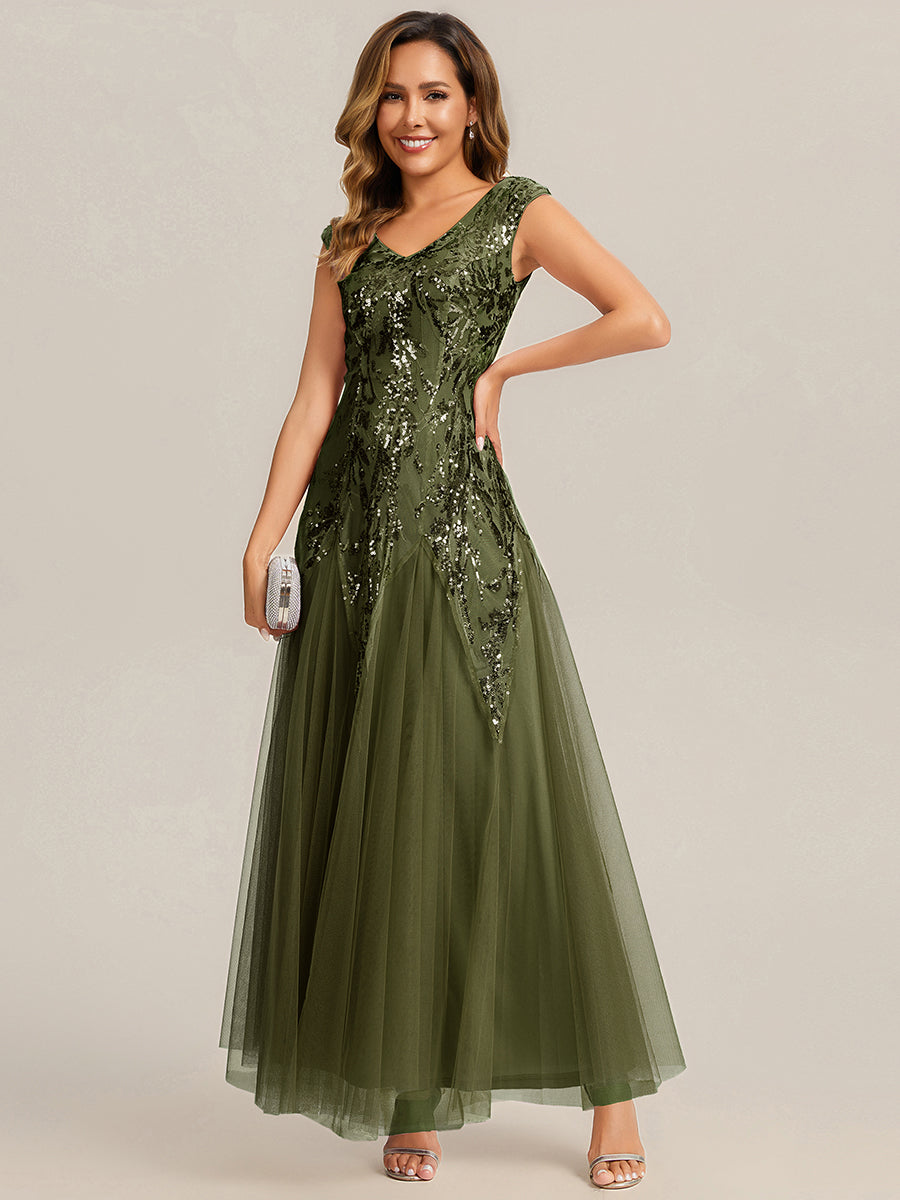 Color=Olive Green | Volume Discounts Short Sleeve V-Neck Embroidered A-Line Floor Length Evening Dresses-Olive Green 15