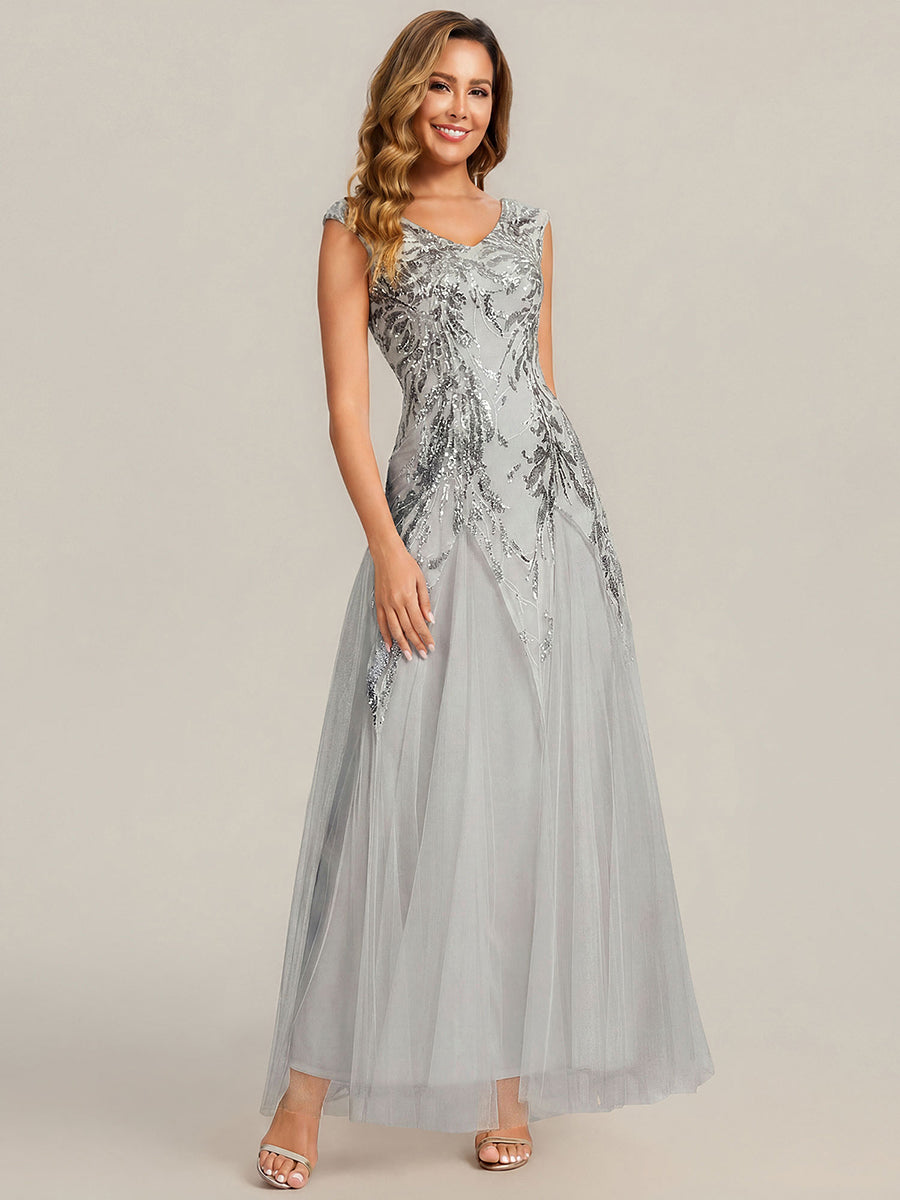 Color=Silver | Wholesale Pricing Strapless V-Neck A-Line Floor Length Embroidered Evening Dresses-Silver 4