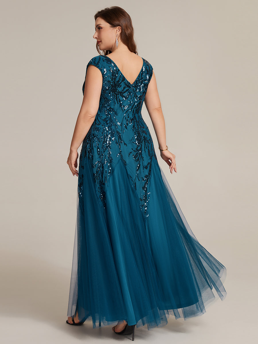Color=Teal | Commercial Wholesale Short Sleeve V-Neck A-Line Maxi Dress with Embroidery & Sequins Evening Dresses-Teal 47