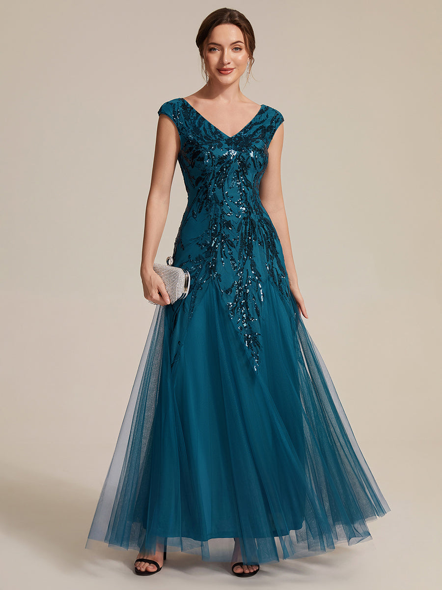 Color=Teal | Commercial Wholesale Short Sleeve V-Neck A-Line Maxi Dress with Embroidery & Sequins Evening Dresses-Teal 41