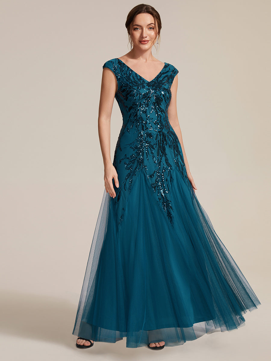 Color=Teal | Commercial Wholesale Short Sleeve V-Neck A-Line Maxi Dress with Embroidery & Sequins Evening Dresses-Teal 45