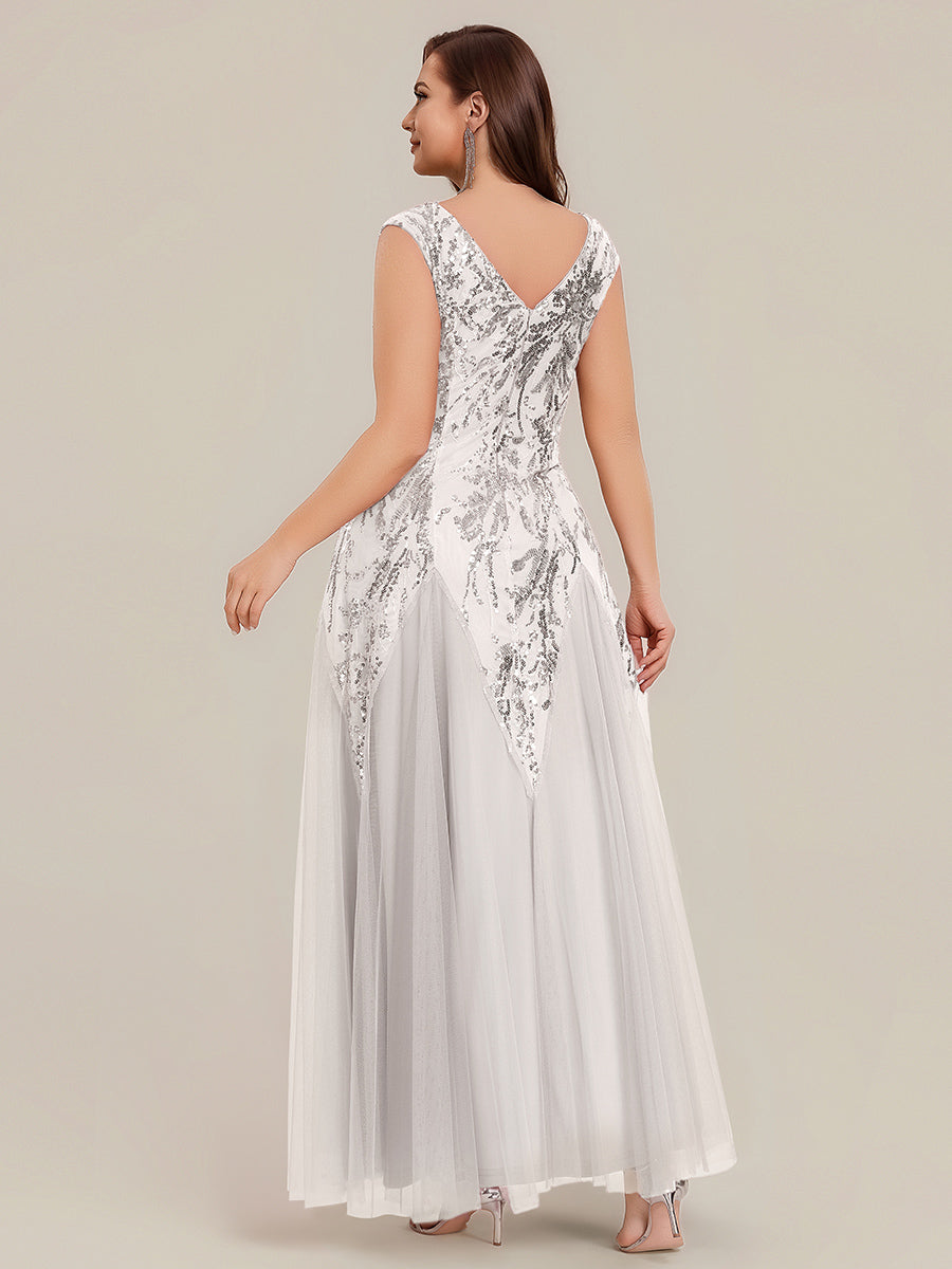 Color=White | B2B-Exclusive Short Sleeve Embroidered Sequin V-Neck A-Line Floor Length Evening Dresses-White 13