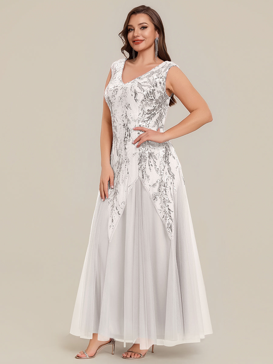 Color=White | B2B-Exclusive Short Sleeve Embroidered Sequin V-Neck A-Line Floor Length Evening Dresses-White 16
