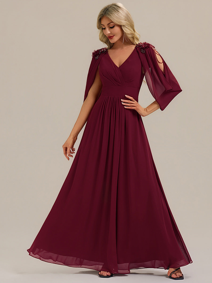 Color=Burgundy | Commercial Wholesale Half Sleeve Deep V-Neck Appliques A-Line Floor Length Evening Dresses-Burgundy 1